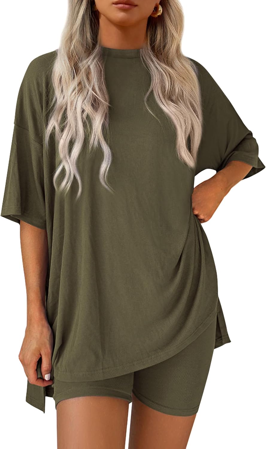PRETTYGARDEN Women 2 Piece Lounge Set 2026 Summer Casual Oversized Shirts Biker Shorts Matching Airport Travel Outfit Clothes
