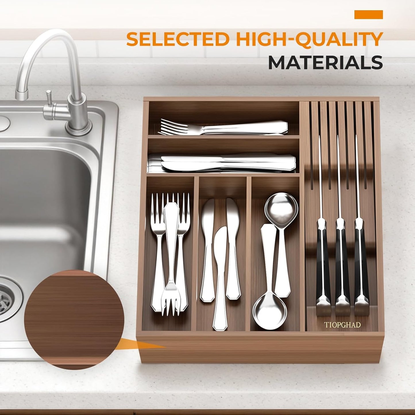Small-Bamboo-Silverware-Drawer-Organizer, Expandable Utensil Kitchen Cutlery Tray Flatware Organization Wood Tableware Dividers Storage (with Removable Knife Block)(Brown)