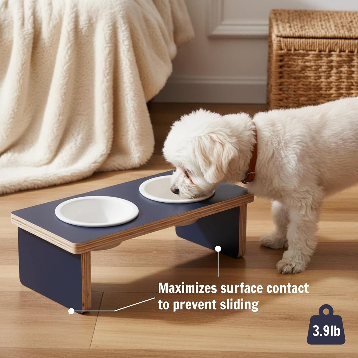 Elegant Raised Dog Bowl Stand with 2 Ceramic Bowls - Waterproof Multi-Layer Solid Wood Design for Small Dogs or Cats ，Anti-tip 3.9 lb Heavy-Duty Food Prep Station (11.8oz/1.5 Cup)