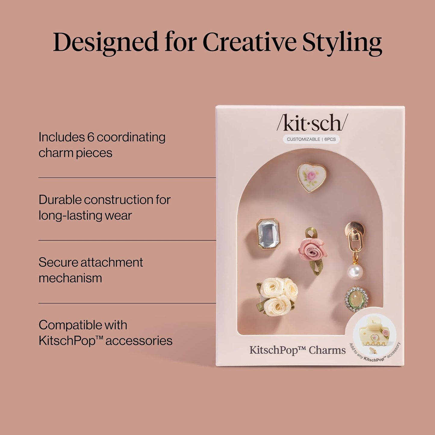 KitschPop™Charm Sets – Interchangeable Charms For Hair Clips, Hair Brushes | Durable Assorted Cute Charms | Compatible with KitschPop™ Hair Accessories - Vintage Ivory, 6pcs