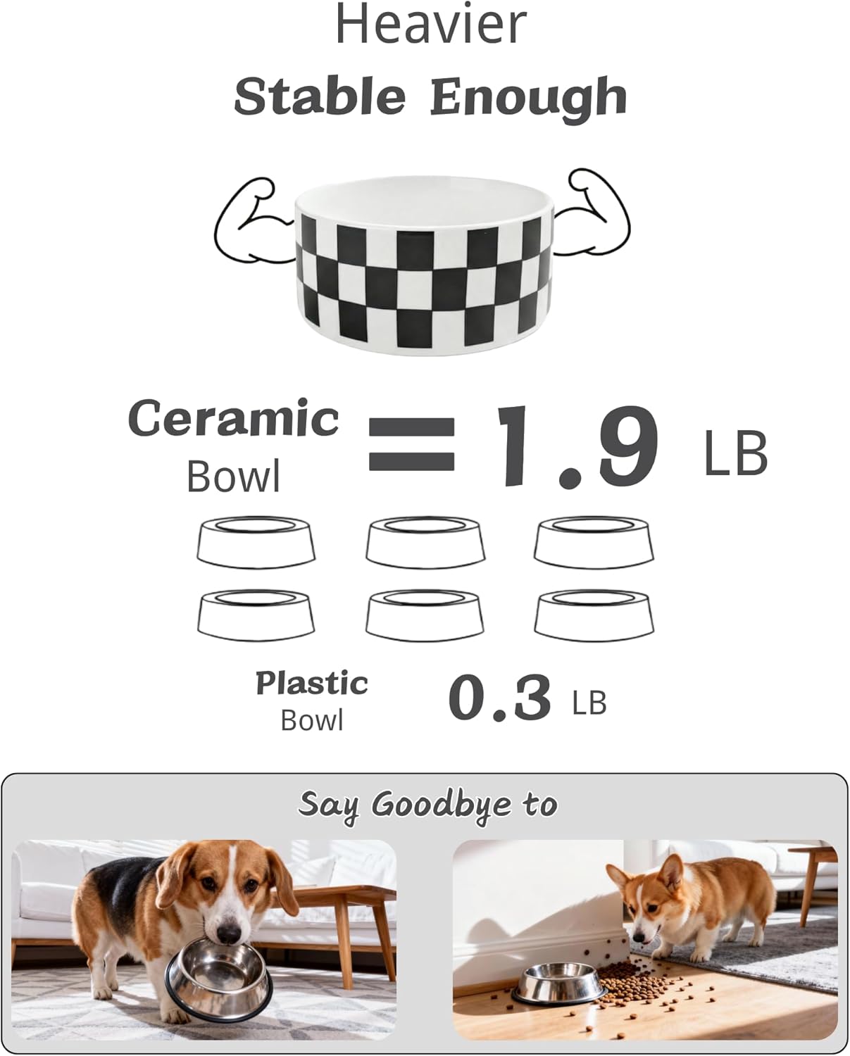 TRUVIC Ceramic Dog Bowl with Wood Stand, Black and White Checkered & Striped Dog Food and Water Bowl, 2 Cup/14 oz Elevated puppy food bowl for Medium Dogs, Dishwasher Safe, Modern Geometric, Checkered