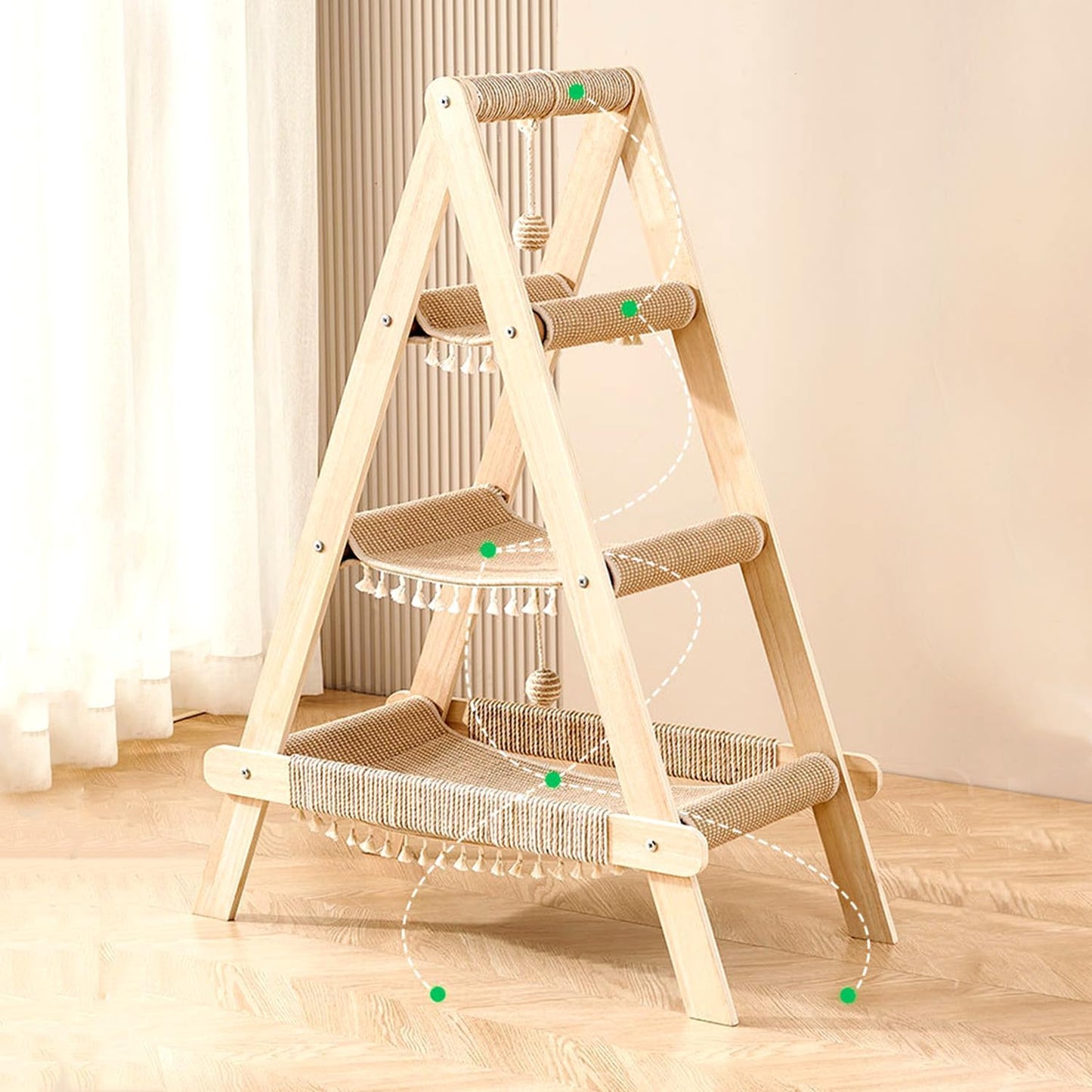 SHENGOCASE 3-Tier Modern A Frame Wooden Cat Tree Tower Ladder with Multi-Level Bed Hammock for Large Cat and Sctatching Post, Hanging Toy Ball (Beige)
