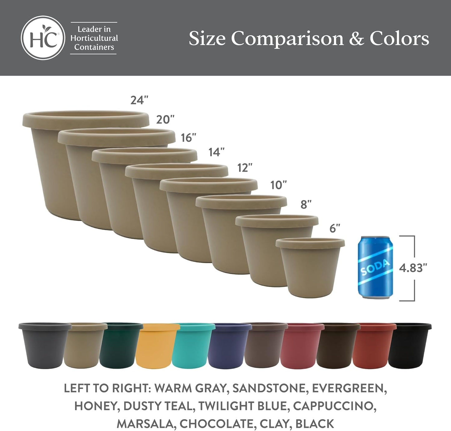 The HC Companies 20 Inch Prima Round Planter Pots with Drainage Holes and Rolled Rim, Lightweight UV-Resistant Plastic Indoor & Outdoor Planters, 2-Pack Flower Pots for Garden & Home Decor, Warm Gray
