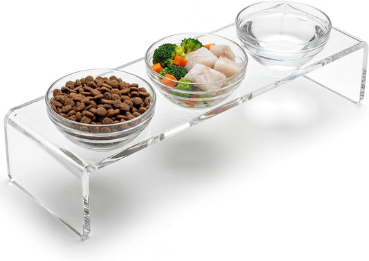 Elevated Acrylic Pet Bowl Stand with 3 Stainless Steel Bowls and 3 Glass Bowls 3.75" Tall Easy to Clean, Ideal for Small Pets,Puppy,Dogs,Cats