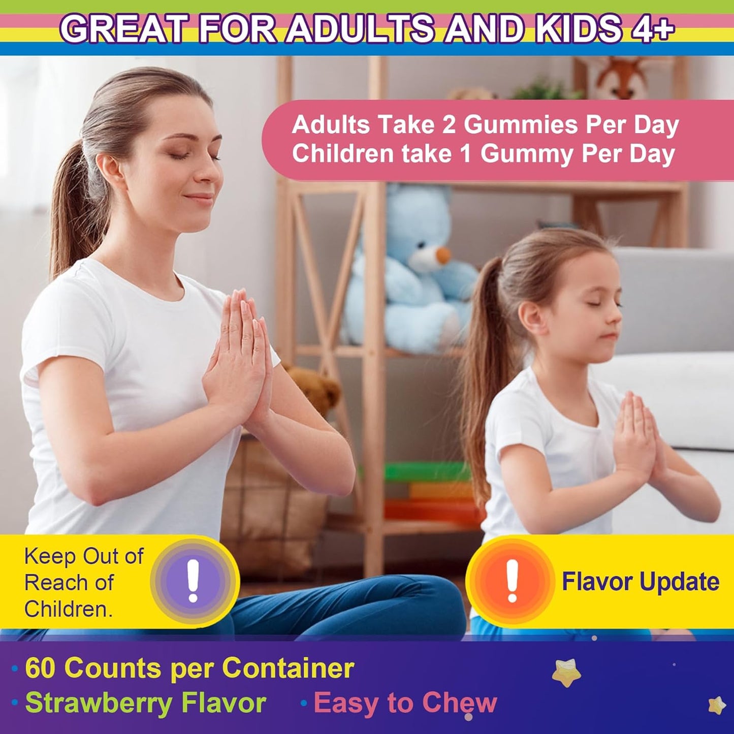 Magnesium Glycinate Gummies for Adults & Kids 4+, Sugar Free Magnesium Bisglycinate Supplement 400/200mg with B6D3, 5HTP, L-Theanine for Sleep & Relaxation, Brain, Muscle, Melatonin Free Gummies,1Pack