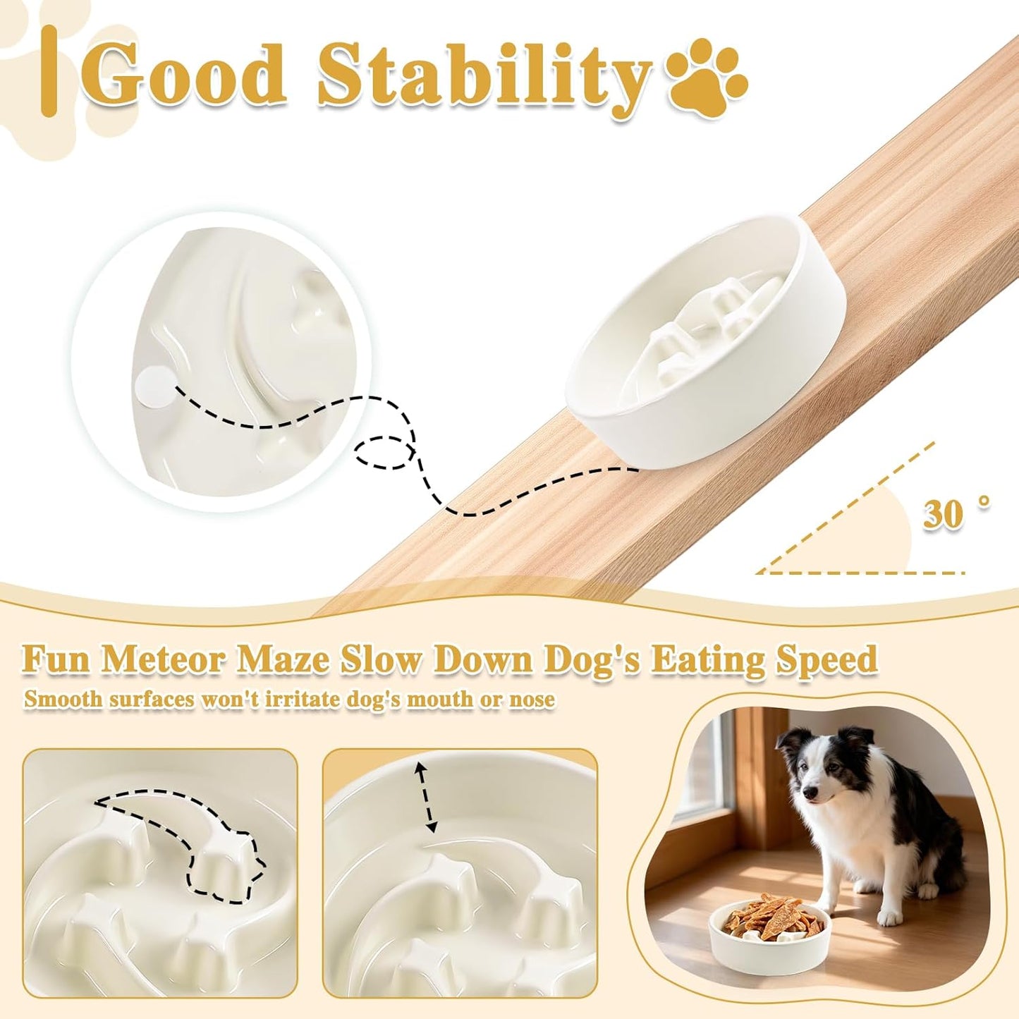 Ceramic Slow Feeder Dog Bowls, 1 Cups Dog Food Dish for Small and Medium Breed, Puzzle Dog Food Bowl for Fast Eater, 15OZ, 6.3 inch(Beige)