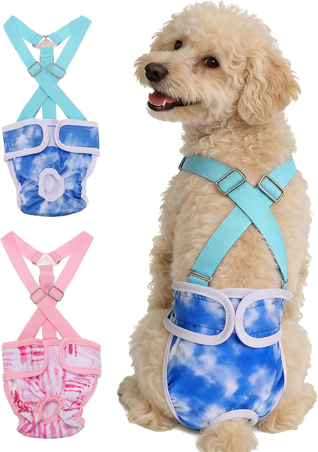 Washable Female Dog Diapers with Suspender, Reusable Dog Diapers Absorbent Leakproof(Dark Blue/Dark Pink XS, 2Pcs), Intended for Small/Medium/Large Female in Heat
