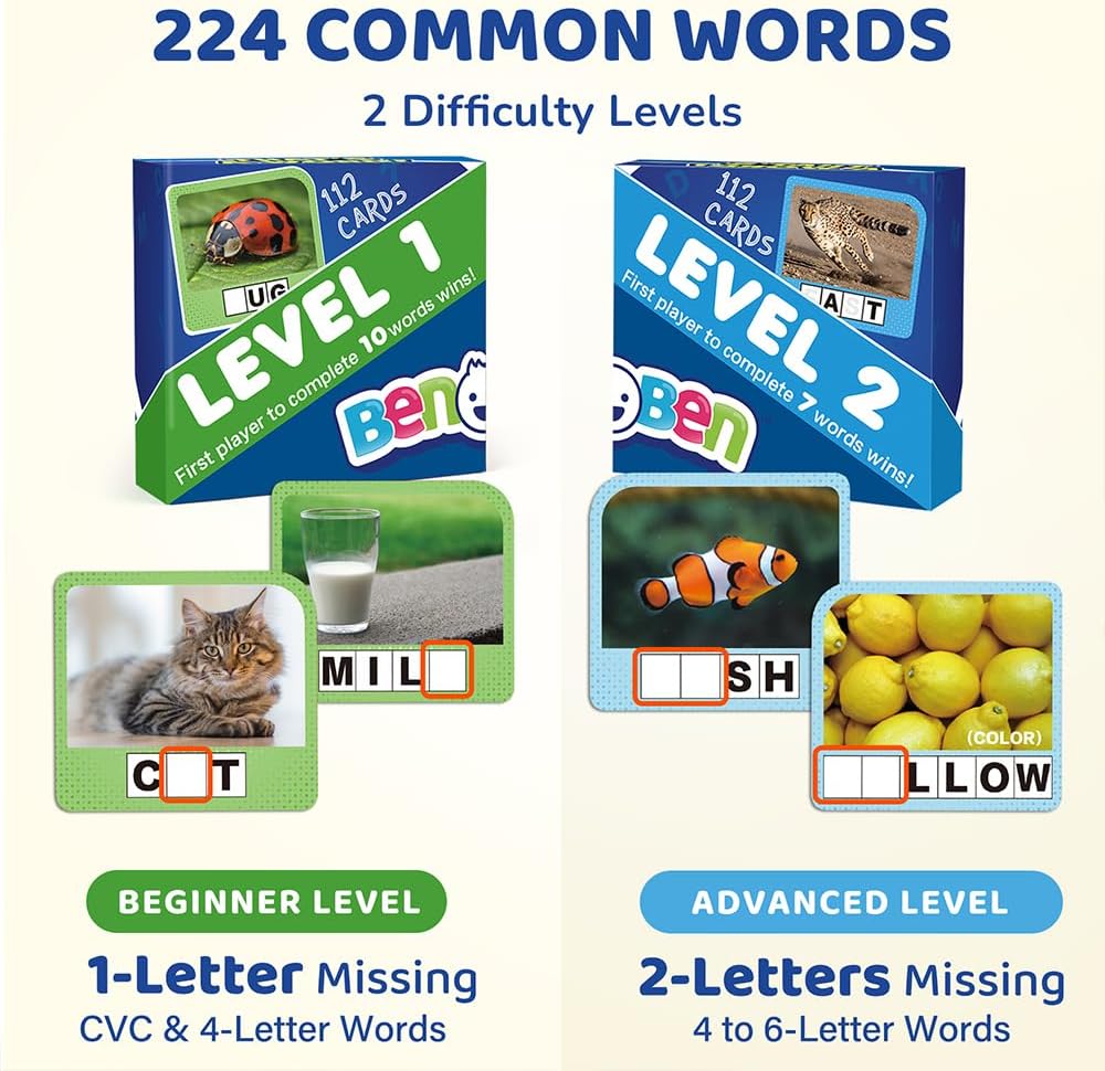 BenBen Spelling Games, 224 Flashcards, 208 Wood Letter Tiles, 1-4 Players, Learning Games for Kids 4-8, Educational Toys for Kindergarten 1st 2nd Grade, Preschool Classroom Must Haves