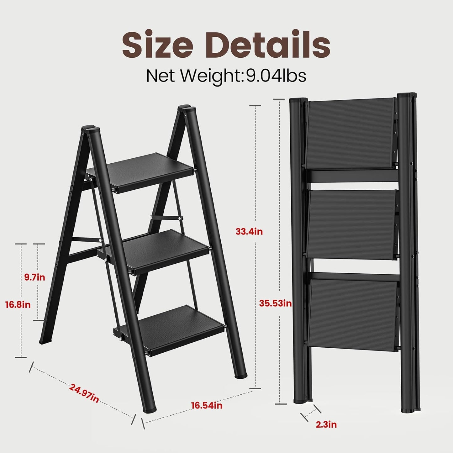 HBTower 3 Step Ladder, Lightweight Aluminum Folding Step Stool, Step Stool Foldable with Wide Anti-Slip Pedal, 330lbs Capacity for Home and Kitchen, Black
