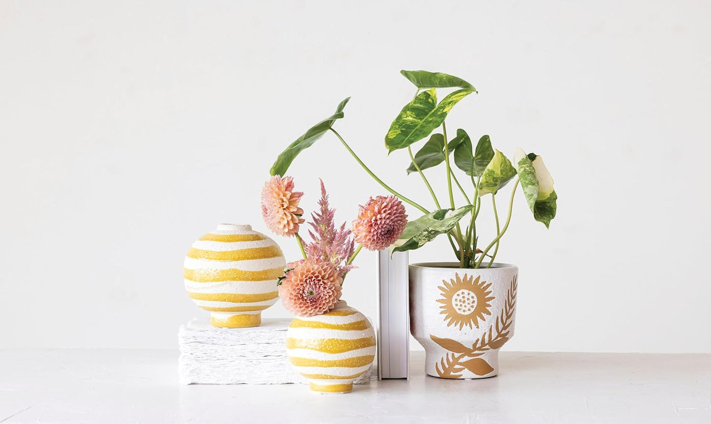 Creative Co-Op Stoneware Footed Planter with Flower, Reactive Glaze, White and Mustard