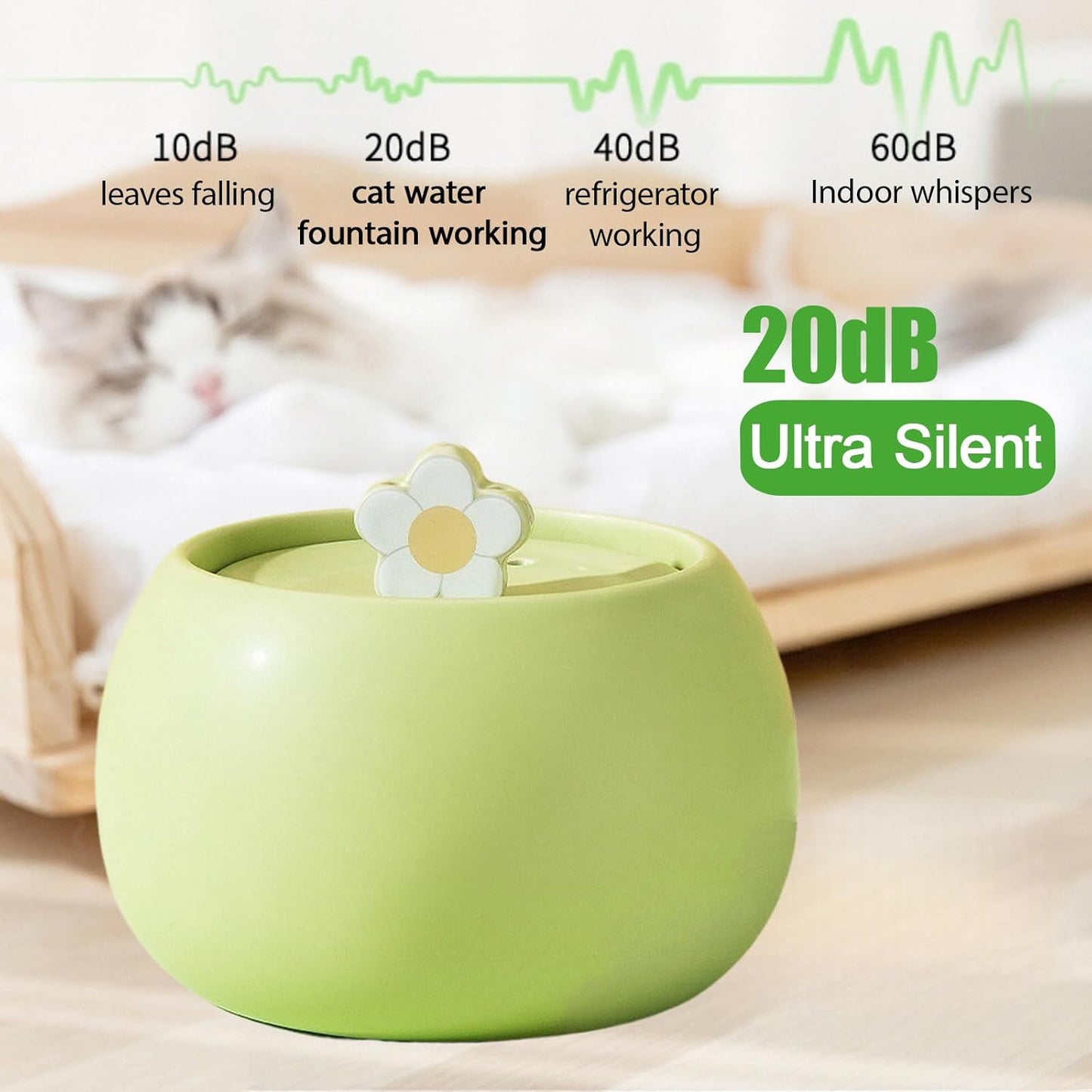 Ceramic Cat Water Dispenser, 50oz/1.5L Ultra-Silent Automatic Water Bowl Dispenser for Cats Pet Drinking Fountain Indoor with Cute Design Activated Carbon Filter Perfect for Cat (Green)