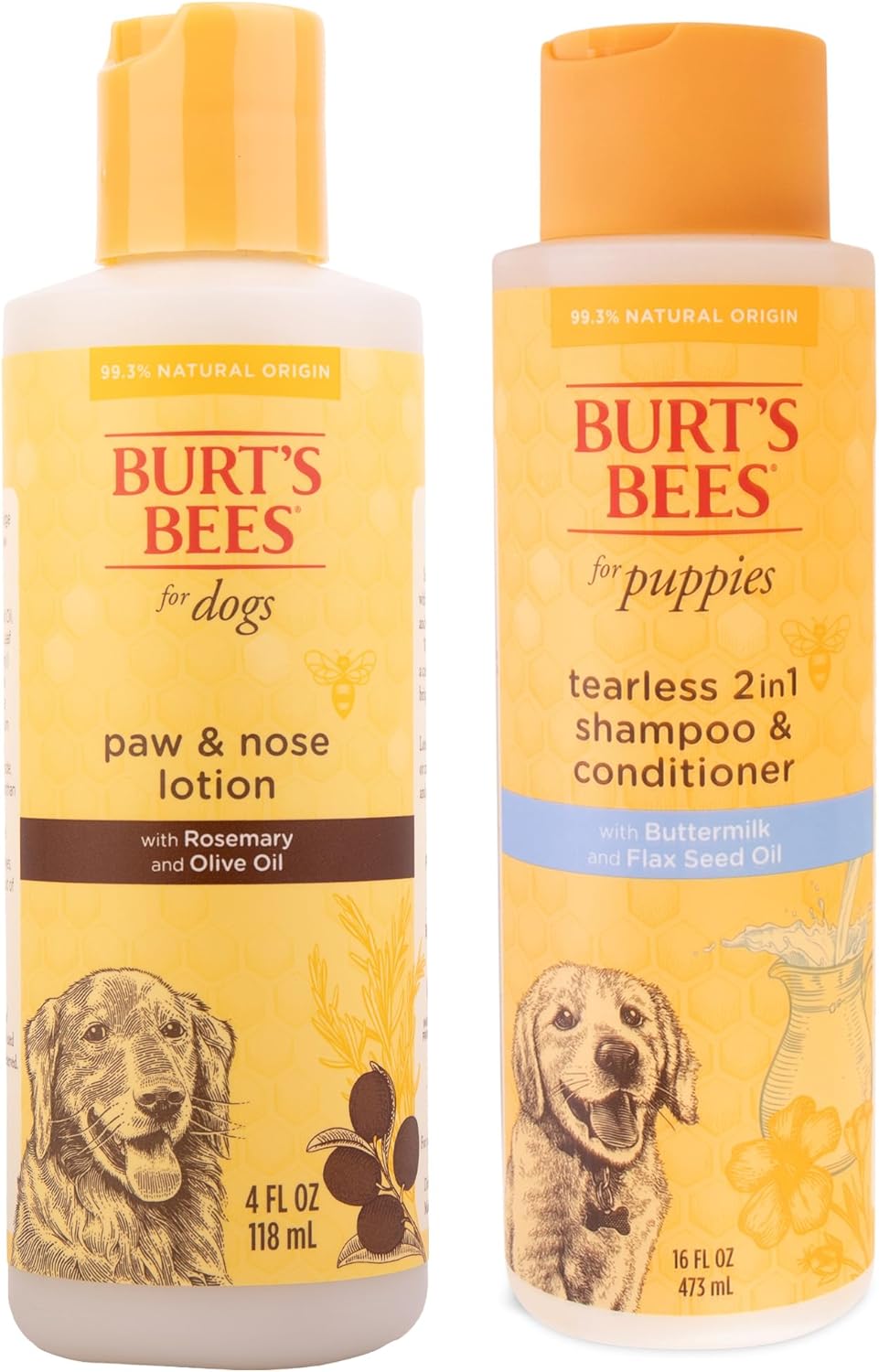 BURT'S BEES FOR PETS Bundle - Paw & Nose Lotion with Rosemary & Olive Oil (4 oz) & Tearless Puppy 2-in-1 Shampoo & Conditioner with Buttermilk & Linseed Oil (16 oz), Natural Care for Dogs