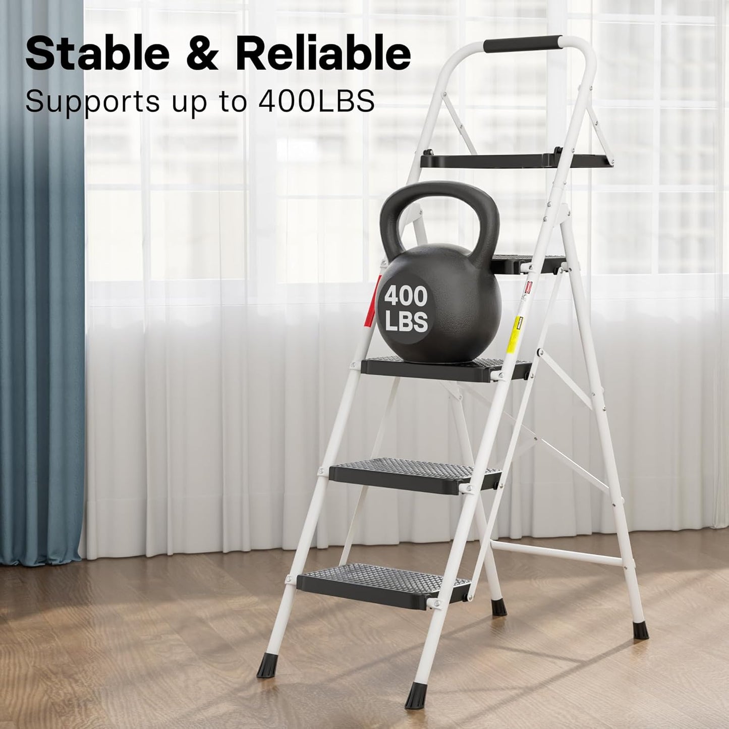 BONTEC 4-Step Ladder, 400lbs Max Load, Folding Step Stool with Tool Tray, Anti-Slip Pedals, Sturdy Steel, Lightweight Portable Ladder with Handrail for Home & Work Use, White