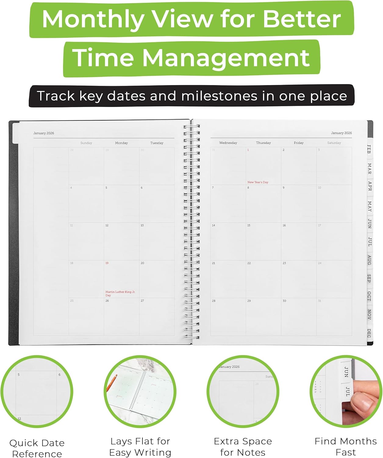 WallDeca 2026 Planner, Agenda Planner With Weekly And Monthly View, Daily Agenda Book And Yearly Planners Calendar Book, Spiral Bound With Tabs, Notes, Goals And Holidays (8.5 x 11 in)