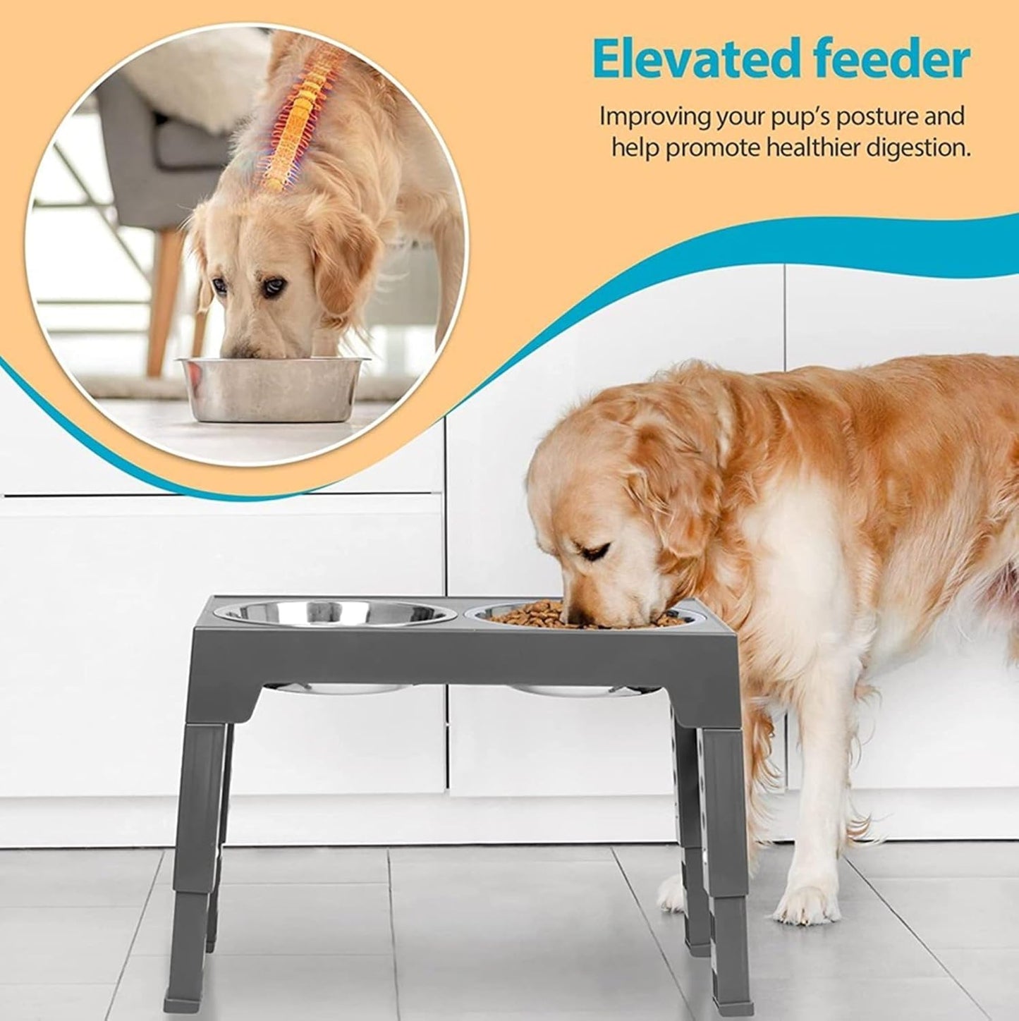 Dog Raised Bowls – Elevated Slow Feeder Dog Bowl with Adjustable Stand, 15° Tilted Ergonomic Floating Slow Feeding Bowl, Reduces Choking & Improves Digestion for Medium & Large Dogs (Grey)