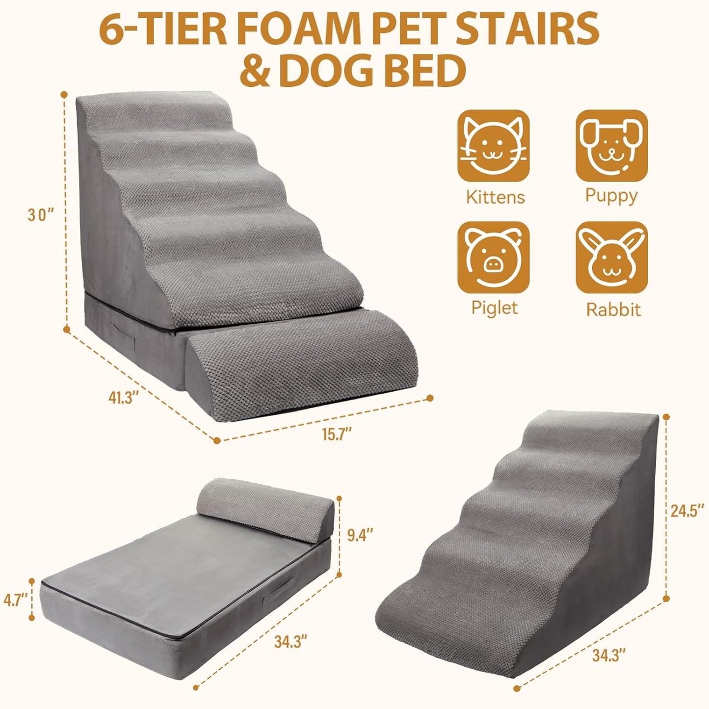A.FATI 3-in-1 Dog Stairs for High Bed 30-36 Inches, 30D High Density Foam Pet Steps with, Non-Slip Dog Ramp for Small/Old/Short-Legged Dogs, Detachable Cover