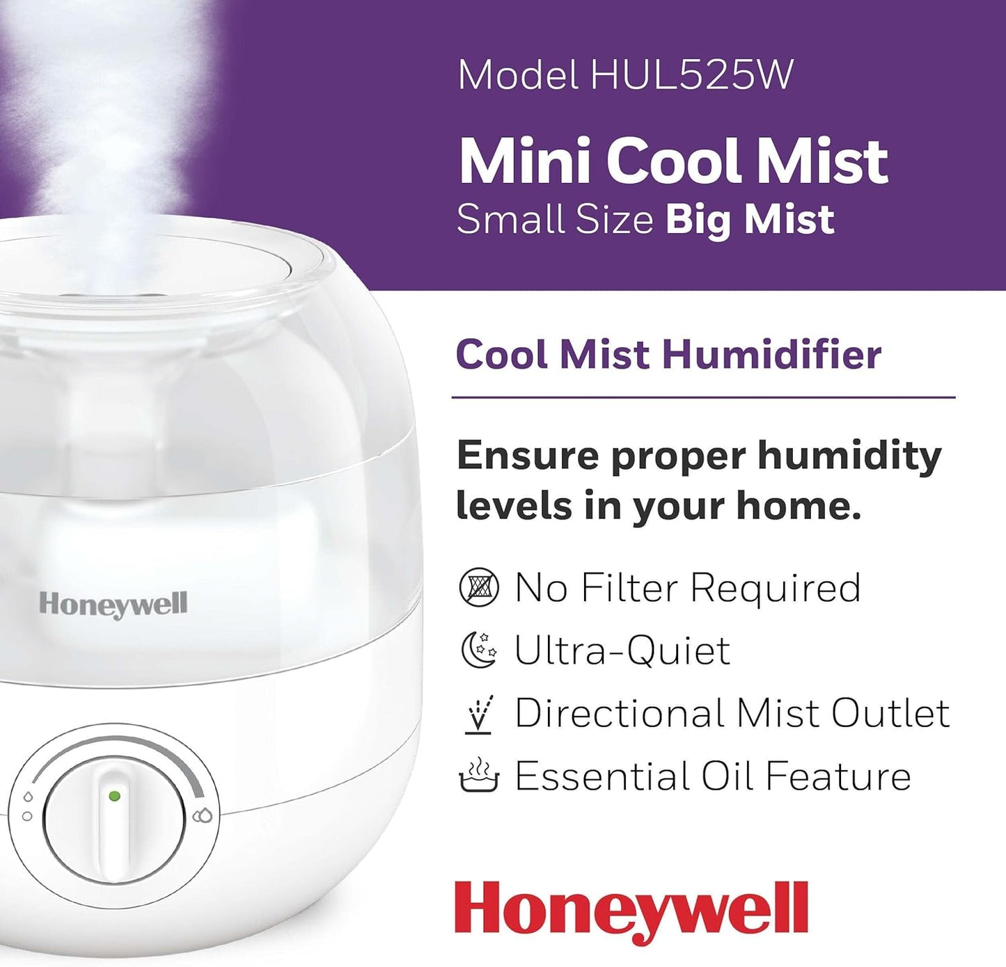 Honeywell Mini Cool Mist humidifier, Easy to Fill and Clean, humidifier for small Bedroom, Kids Rooms, or office. Ultra Quiet Operation and Auto Shut-Off - White, HUL525W