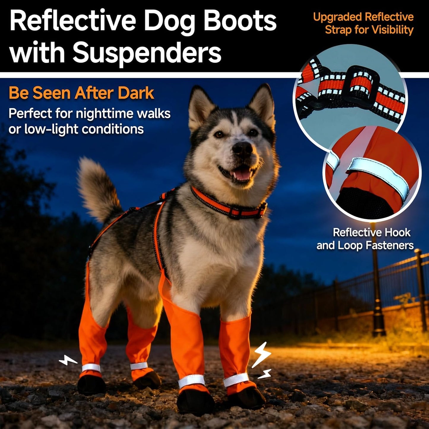 Stay-On Dog Suspender Boots for Rain, Snow & Mud, – Reflective & Waterproof Paw Protectors, Adjustable Non-Slip Dirt-Proof Winter Shoes for Walking, Hiking, Running, Orange, Size XL
