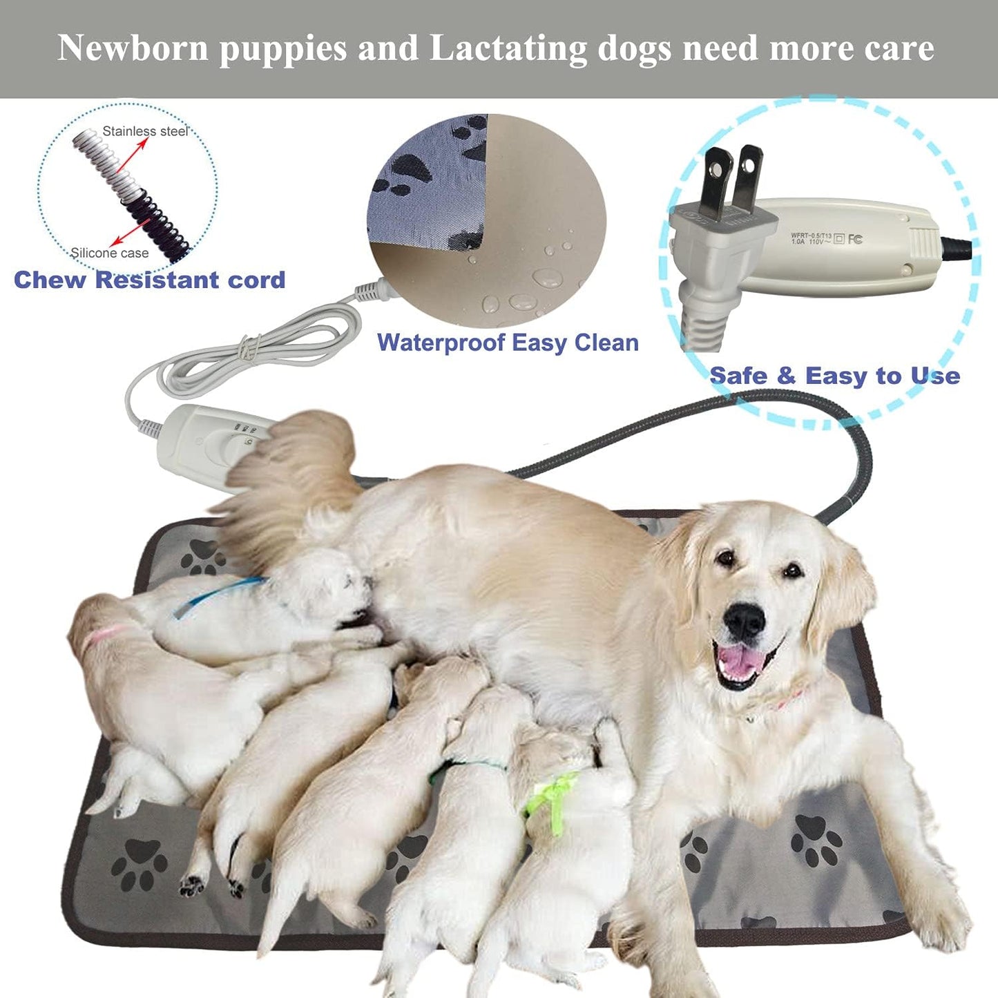 Waterproof Pet Heating Pat for Dogs & Cats - Chew-Resistant Cord, Temperature Adjustable,Power-Off Protection - Fits Whelping Box, Dog House (34"x21")