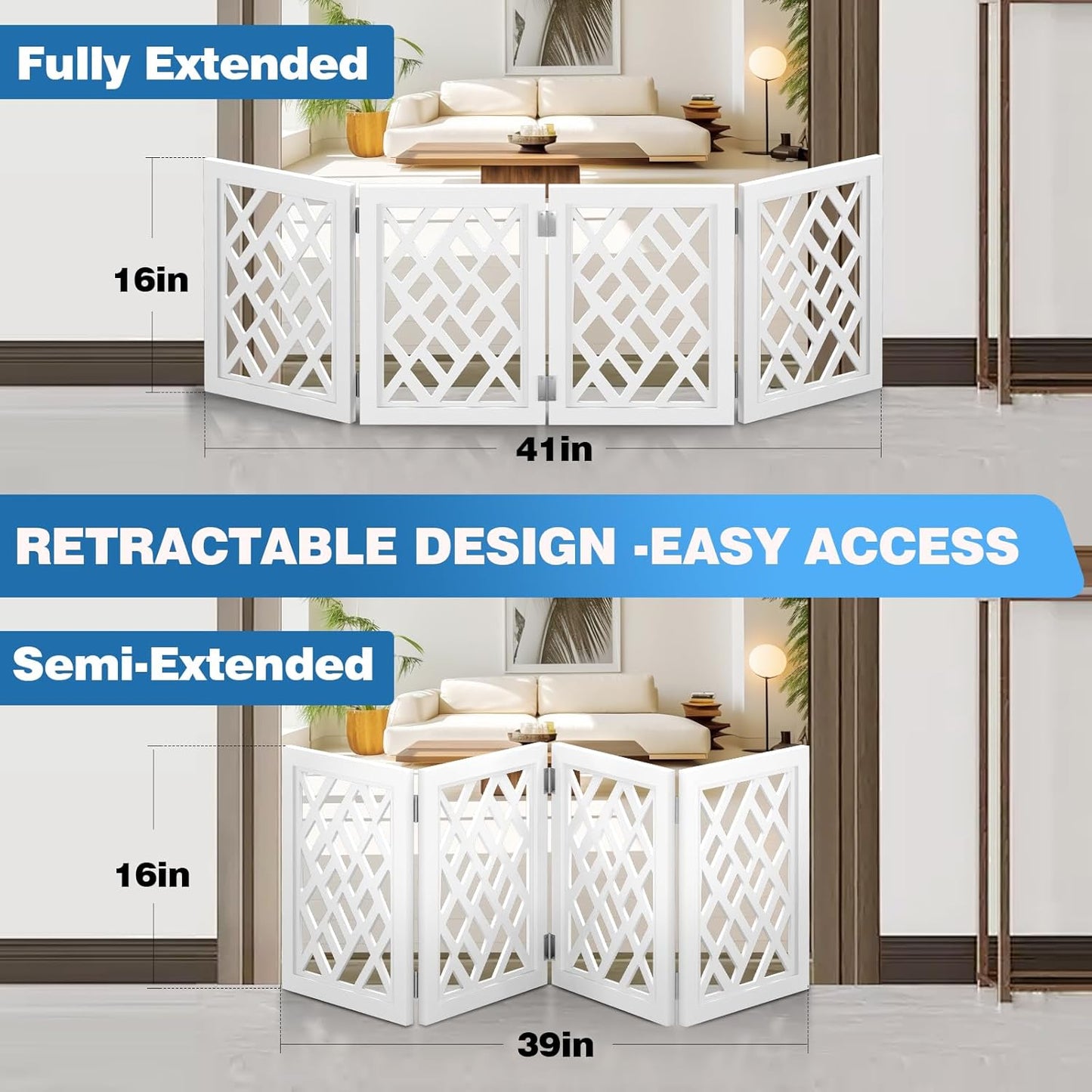 Cut-Out Design 16" Short Dog Gate for Small Dogs, Foldable Retractable Puppy Gate Indoor - Freestanding Lightweight Pet Barrier for Doorways, Stairs, Hallways (Extends to 41", White)
