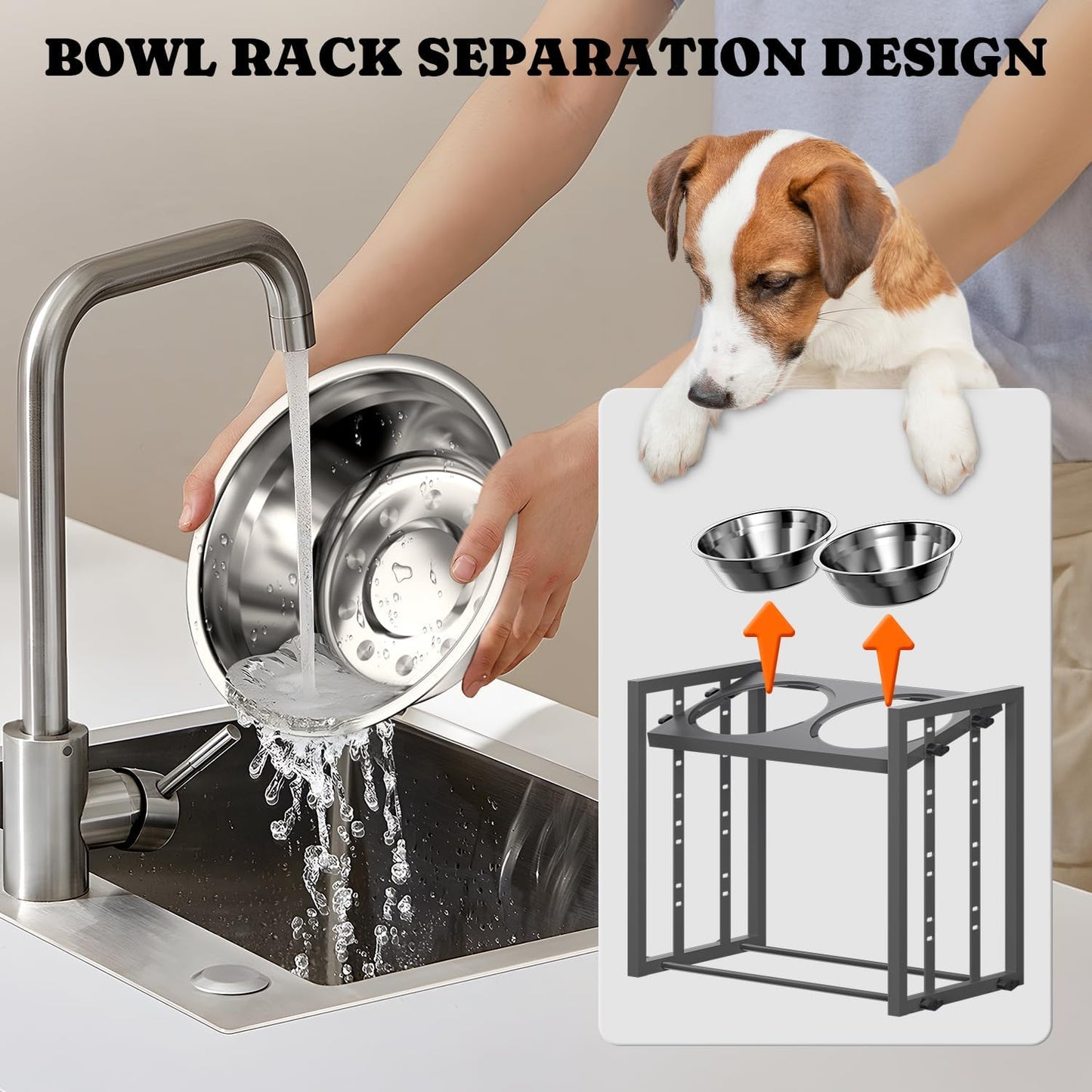 Elevated Dog Bowls for Medium Breed: 4 Height Adjustable Raised Dog Bowl Feeder Station with 2 Stainless Steel Bowls, Grey
