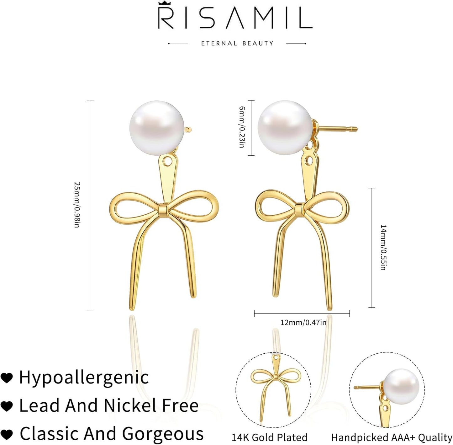 Risamil 14K Gold Plated/Silver Earrings for Women Trendy, Dainty Bow Earrings for Women Cute Pearl Huggie Earring Hoops Twist Rope Bow Stud Pearl Dangle Cubic Zirconia Earrings Jewelry Gifts