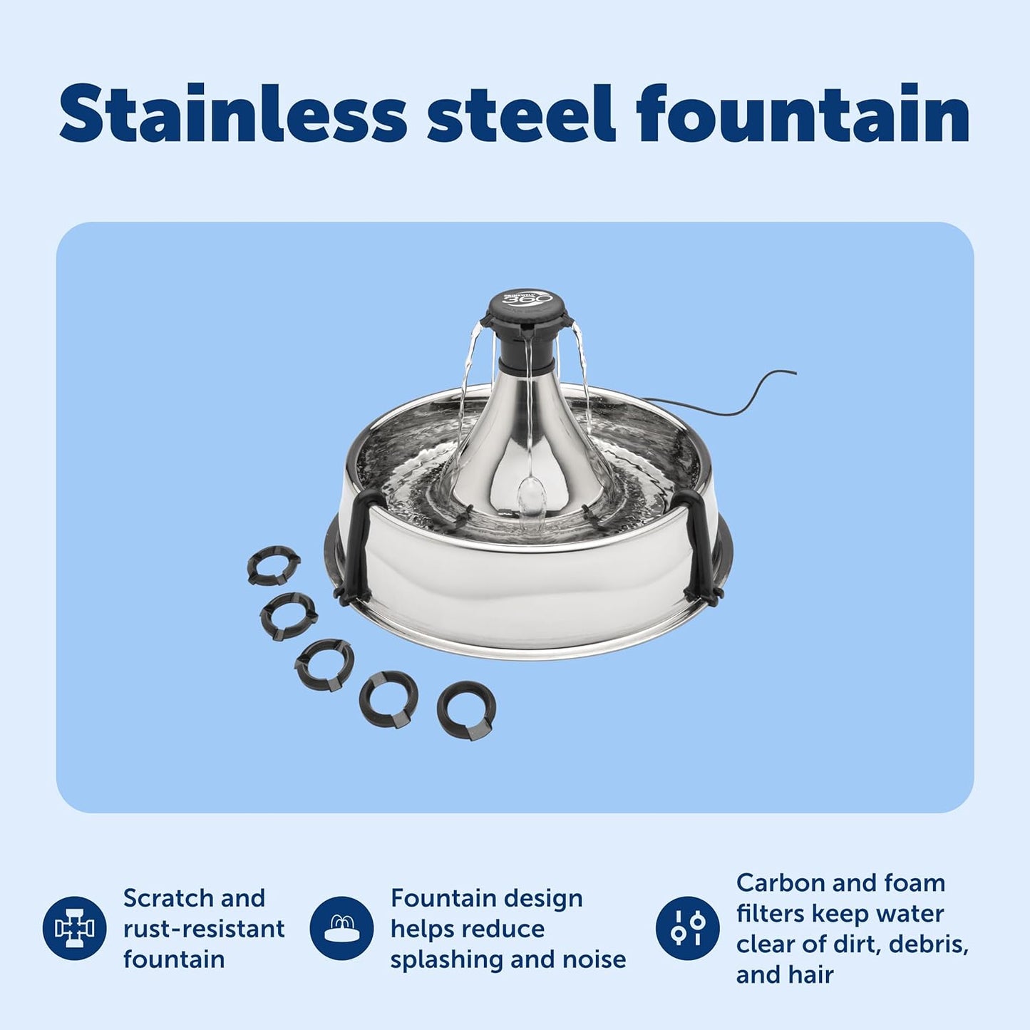 PetSafe Drinkwell Stainless Steel 360 Multiple Pet Fountain - Scratch and Rust Resistant Automatic Water Dispenser for Cats or Dogs - Adjustable Flow Control - 128 Ounce (3.8 Liter) - Filters Included