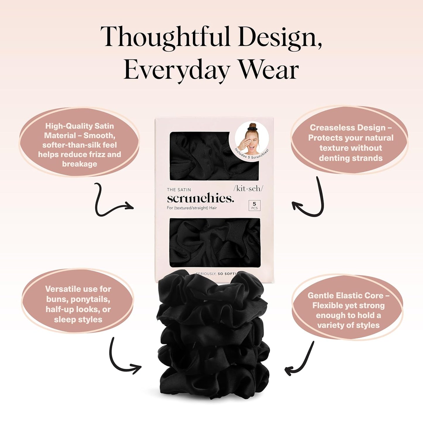 Kitsch Satin Scrunchies for Women - No Crease, Frizz Control | Softer Than Silk Scrunchies Gentle On Hair Scrunchies for All Hair Types | Stylish Hair Accessories College Essentials - Black, 5pcs