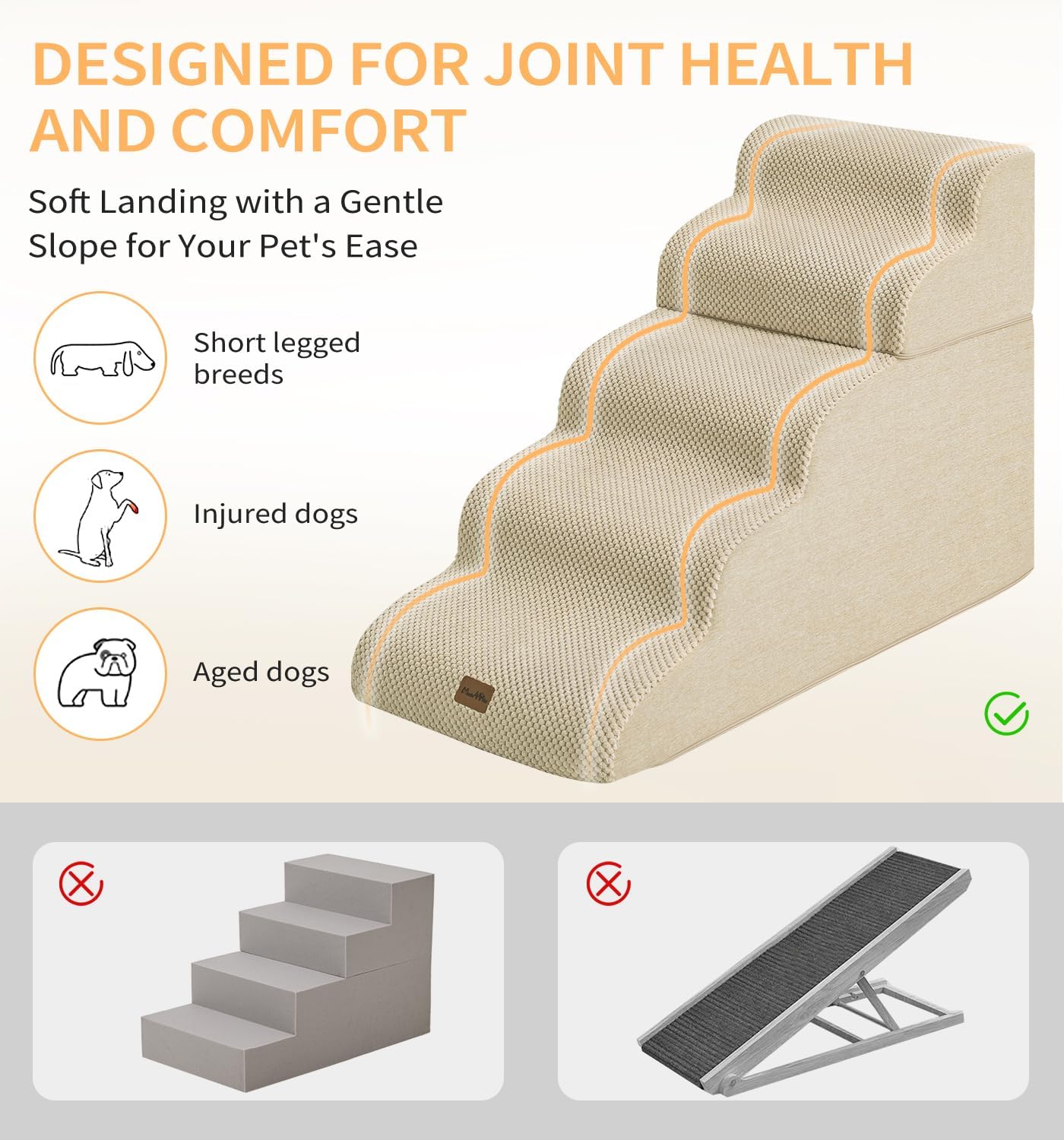 Made4Pets Dog Stairs Ramp for High Bed 22.8" H, 5-Step Pet Stairs for Bed Couch Sofa Climbing, 35D Foam Pet Steps for Small Dogs and Cats, Non-Slip Bottom Dog Steps, Beige