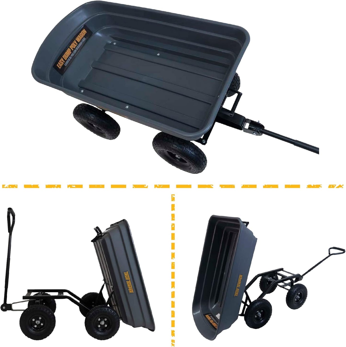True Temper Poly Garden Cart Wagon, Easy Dump Design, 4 Cu. Ft. Capacity, 10 in. Pneumatic Tires for Lawn, Utility, Yard, Farm