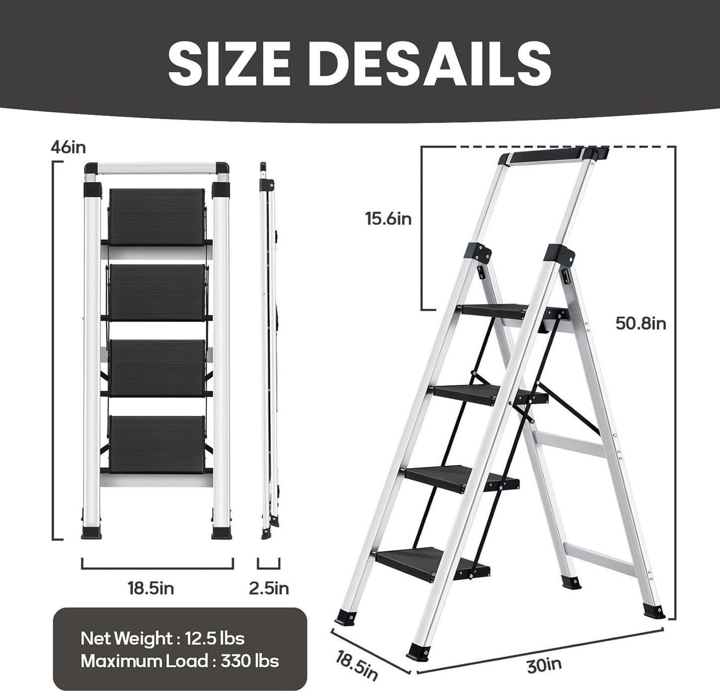 XinSunho 4 Step Ladder, Aluminum Folding Stool with Retractable Handrails & Tool Tray, Anti-Slip, Sturdy Lightweight, 330lbs Safety for Kitchen Indoor Outdoor