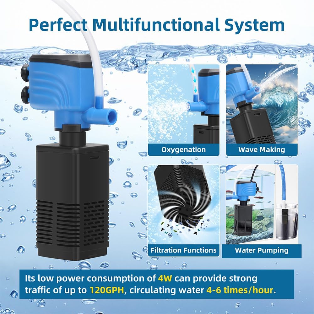 Aquarium Filter 5-15 Gallon Fish Tank Filter 120GPH Powerful Pump For Aquariums Adjustable Air Flow Submersible Internal Aquarium Filters For Pond Wavemaker Air Supply Freshwater And Saltwater