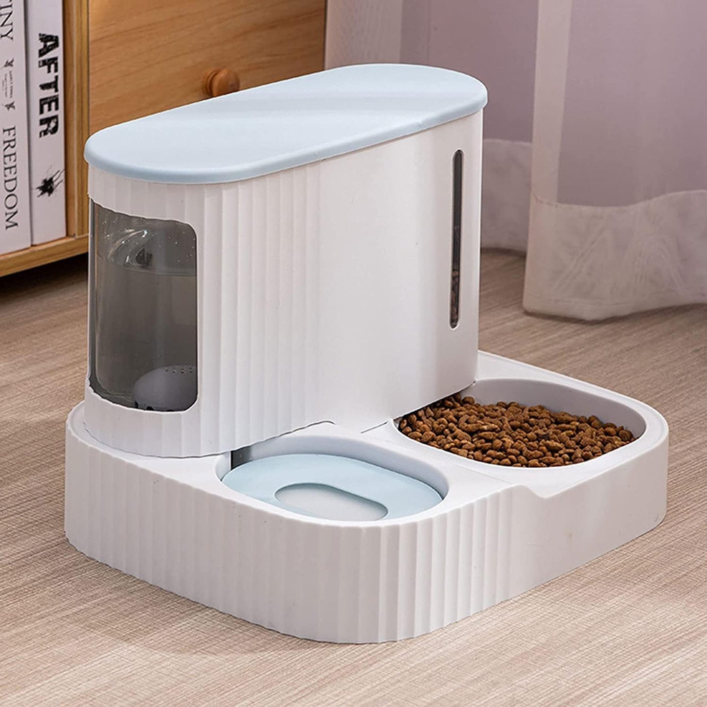 Pet Dog Cat Automatic Feeder Bowl 2 in 1 Cat Unplugged Water and Food Feeder Dispenser Automatic Dog Cats Gravity Water and Food Dispenser cat Fountain (Color : Brown) (Blue)