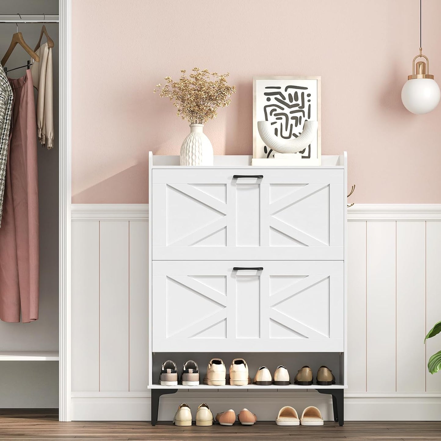 Shoe Storage Cabinet, Shoe Organizer with 2 Flip Drawers, Hidden Shoe Storage for Entryway, Freestanding Organizer with Open Storages, White SHWT9401