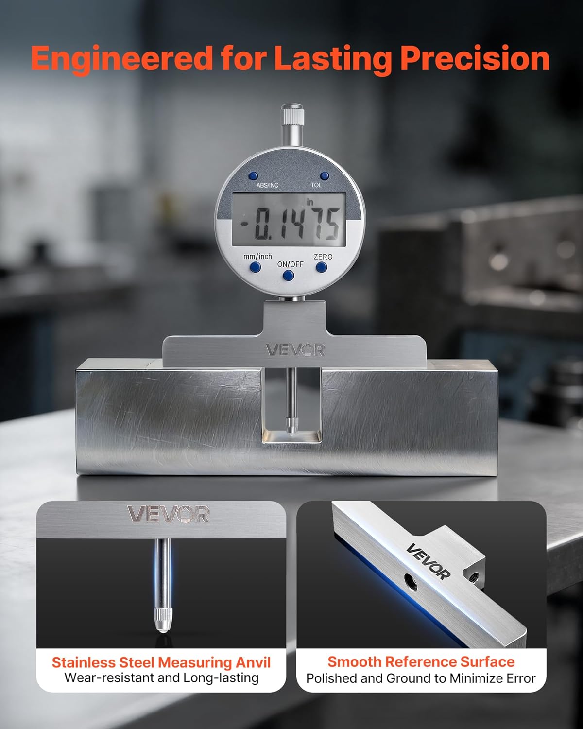 VEVOR Depth Gauge, Depth Micrometer Digital Electronic Indicator 0-22 inch Measuring Range, 0.0005" Resolution, Precision Unit Conversion with 4 Anvils, Measuring Tool for Groove, Step, Hole