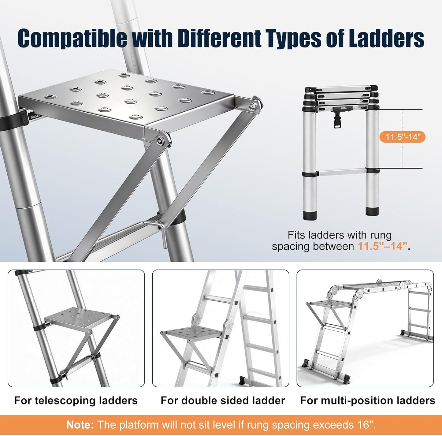 Ladder Platform for Standing, Extension Ladder Work Platform, Foldable Anti-Slip Ladder Platform Accessory for Paint and Tool, Ladder Step Attachment Project Tray, Alloy Steel Holds 400lbs