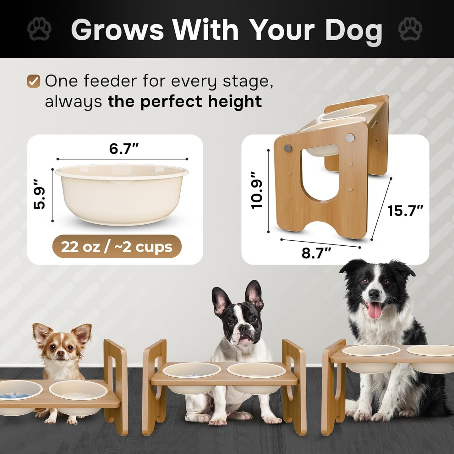 Ceramic Dog Bowls with Stand, Adjustable Elevated Dog Bowls (3 Heights), Bamboo Raised Dog Bowl Stand with 2 Ceramic Bowls (22 oz), 13° Tilt, Non-Slip – for Small & Medium Dogs