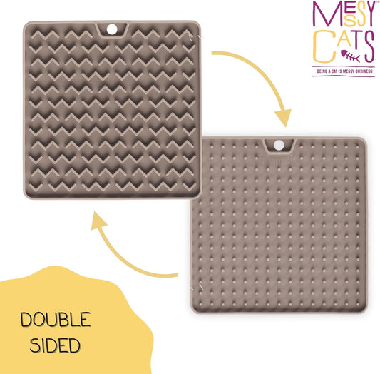 Messy Mutts & Cats Silicone Reversible Interactive Feeding and Licking Mat | 5.5” x 5.5” | Slow Feeder for Boredom & Anxiety | Lick Pad for Cats & Small Dogs | Grey