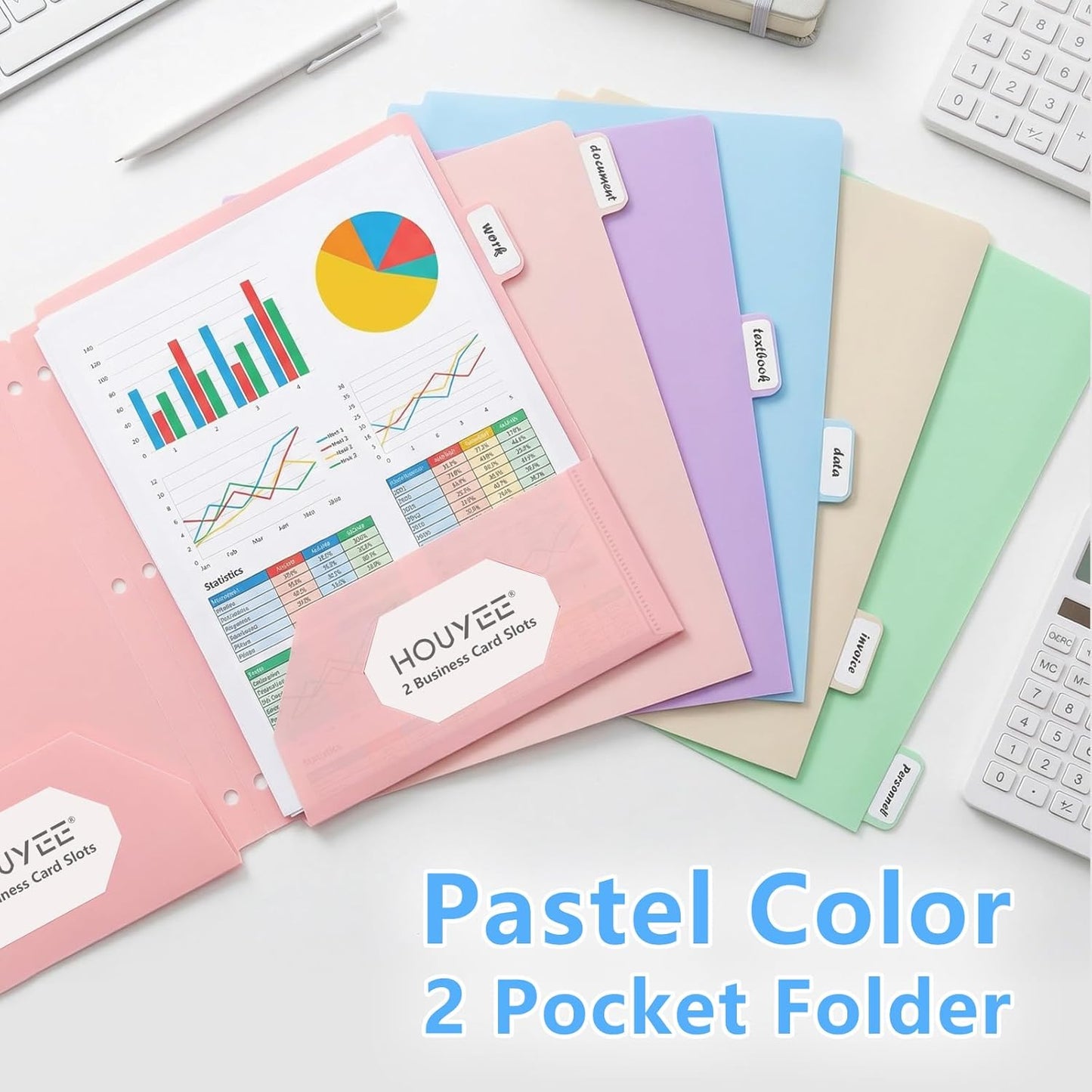 HOUYEE 12 Pack Plastic Folders with Pockets 3 Hole Punched, 2 Pockets File Folders for 3 Ring Binder, with 2 Business Card Slot, 1/6 Cut Tabs & Labels, for Letter Size, School Office Home Bussiness