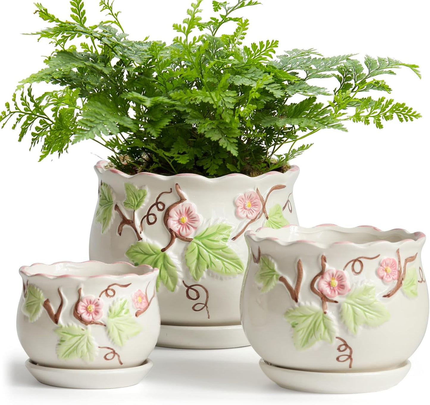 Ceramic Plant Pots with Drainage Holes and Saucers, Round Flower Pots for Indoor Plant, 4/5.2/6.6 Inches Vintage Flower Planters Set of 3
