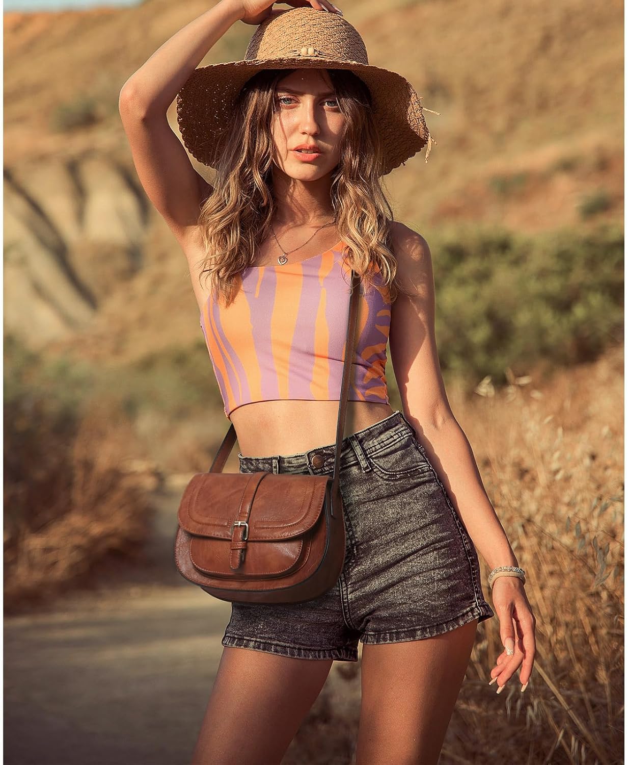 AFKOMST Crossbody Bags for Women,Small Saddle Purse and Boho Cross Body Handbags,Vegan Leather