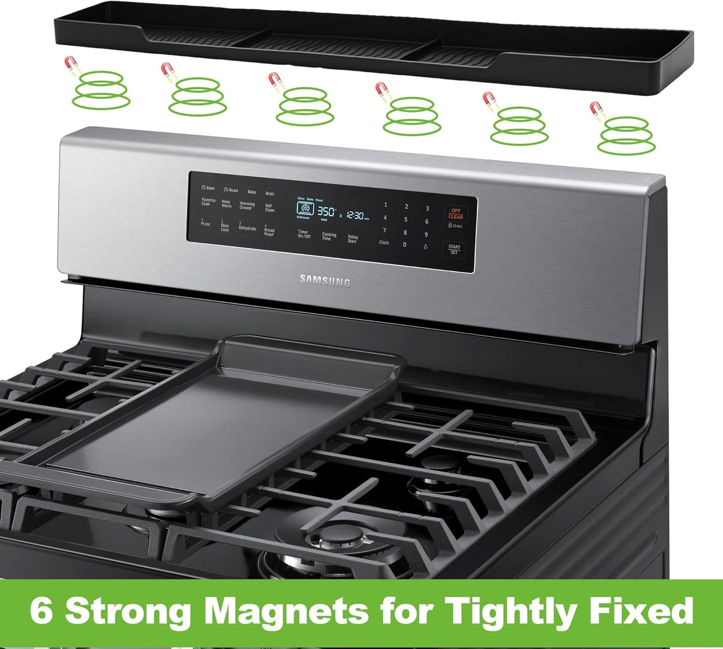 30 Inch Magnetic Stove Top Shelf | 3-Zone Kitchen Organizer with Anti-Slip & Anti-Fall Design | Heat Resistant (-40°F to 446°F) Food-Grade Silicone Spice Rack for Flat Stoves-Black