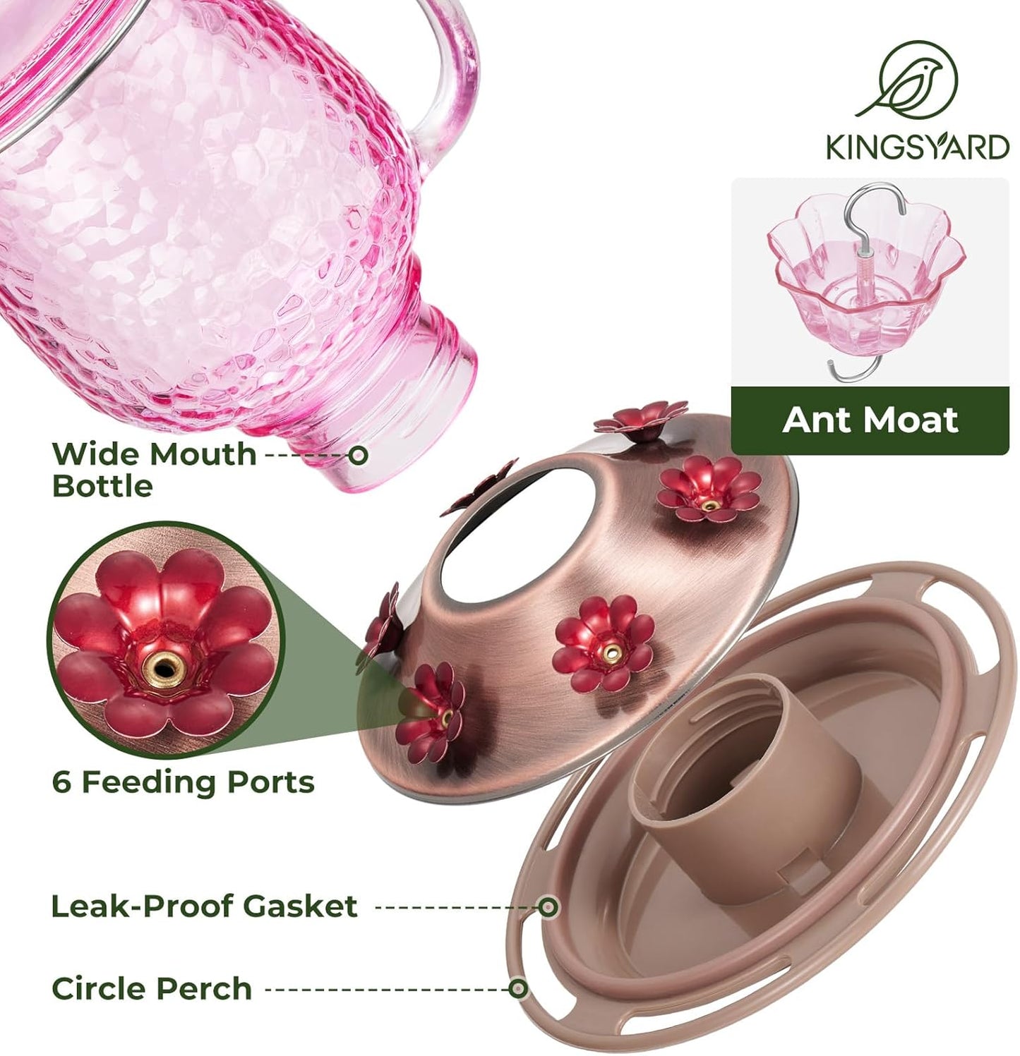 Kingsyard Glass Hummingbird Feeders for Outdoors, 16 Oz Wild Bird Feeder 6 Feeding Ports & Ant Moat Included, Hanging Bird Nectar Feeder for Garden Tree Yard Outside Decoration, Pink