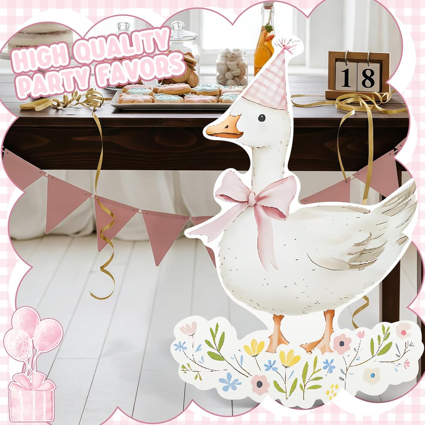 One Silly Goose Party Decorations 1st Birthday Backdrop Duck Animal Background Prop for Birthday Baby Shower Party Supplies(Pink Gingham,Goose)