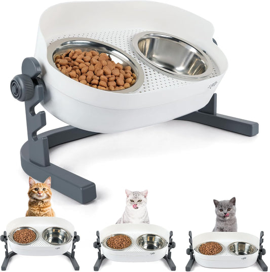 All for Paws Height Adjustable Cat Elevated Bowls Stainless Steel Dog Food Water Bowls, Height Adjustable Cat Feeder Mess Proof Pet Feeding Bowls for Small to Large Size Cats