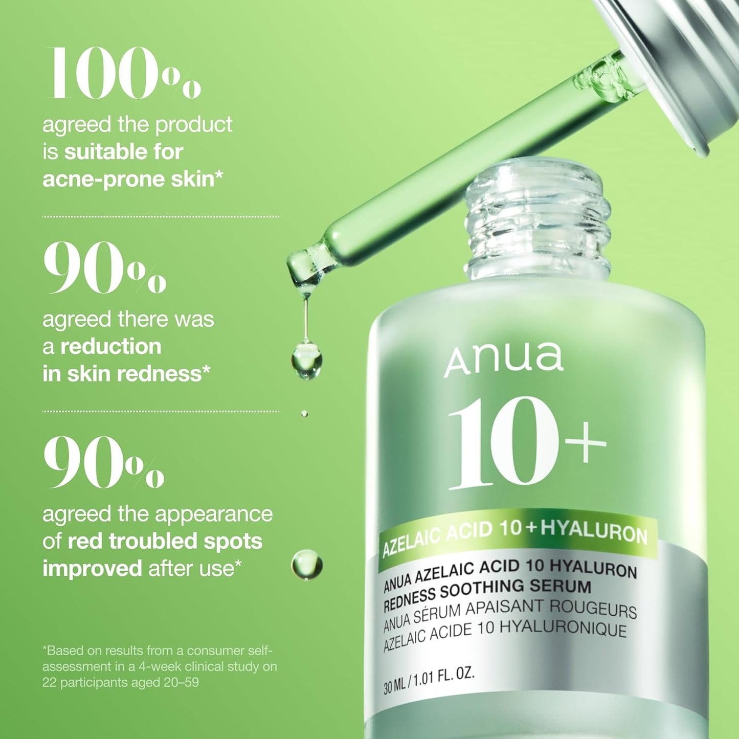 Anua Azelaic Acid 10 Hyaluron Redness Soothing Serum, Facial Serum for Blemish-Prone & Oily-Prone Skin, Lightweight & Hydrating Blemish Care, Hyaluronic Acid, Korean Skincare, 1.01 fl oz.