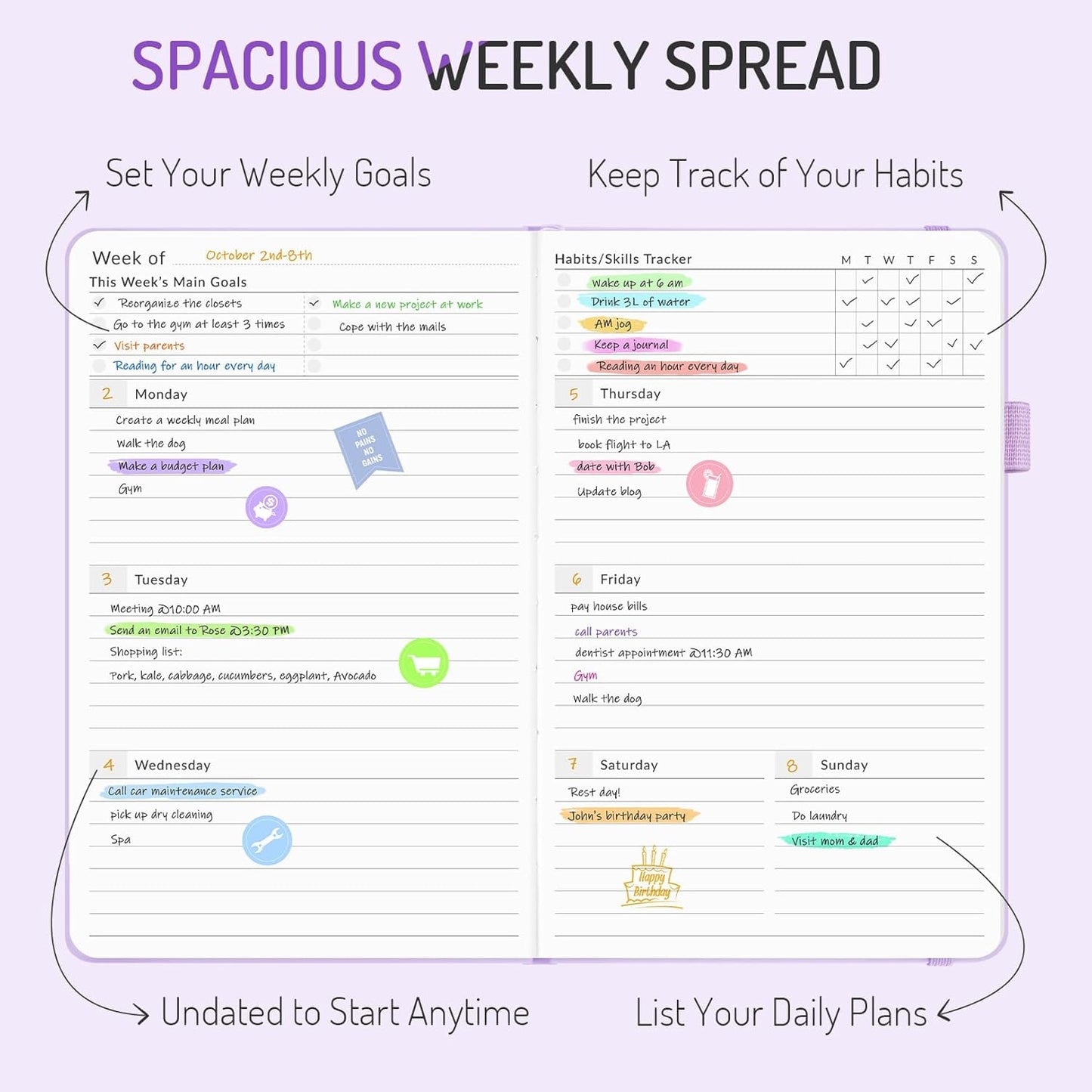 Undated Weekly Planner for 2026, Forvencer Simplified Weekly & Monthly Calendar Planner, Cute Daily Organizer Notebook, Agenda Journal to Track Goals & Tasks, Start Anytime, A5 Size, Black
