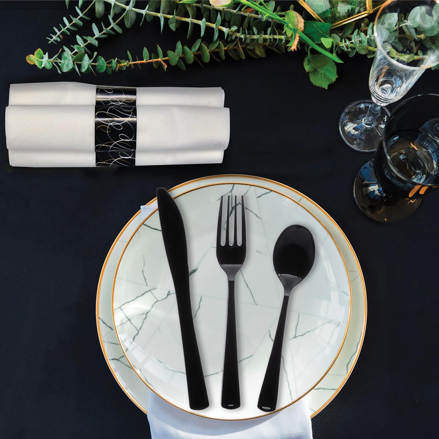 Party Essentials Pre-Rolled Disposable Extra Heavy Duty Plastic Cutlery Kit with Black Fork/Knife/Spoon and 3-Ply White Napkin (Case of 100 rolls)