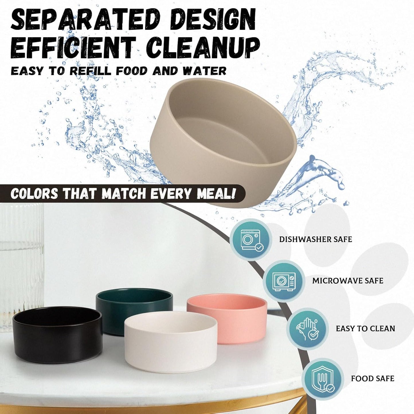 Raised Ceramic Dog Bowl - Elevated Food Water Dish with Stainless Steel Stand - for Small to Medium Dogs - 6 Inch - 2 Cups (28.75 fl oz) - Black