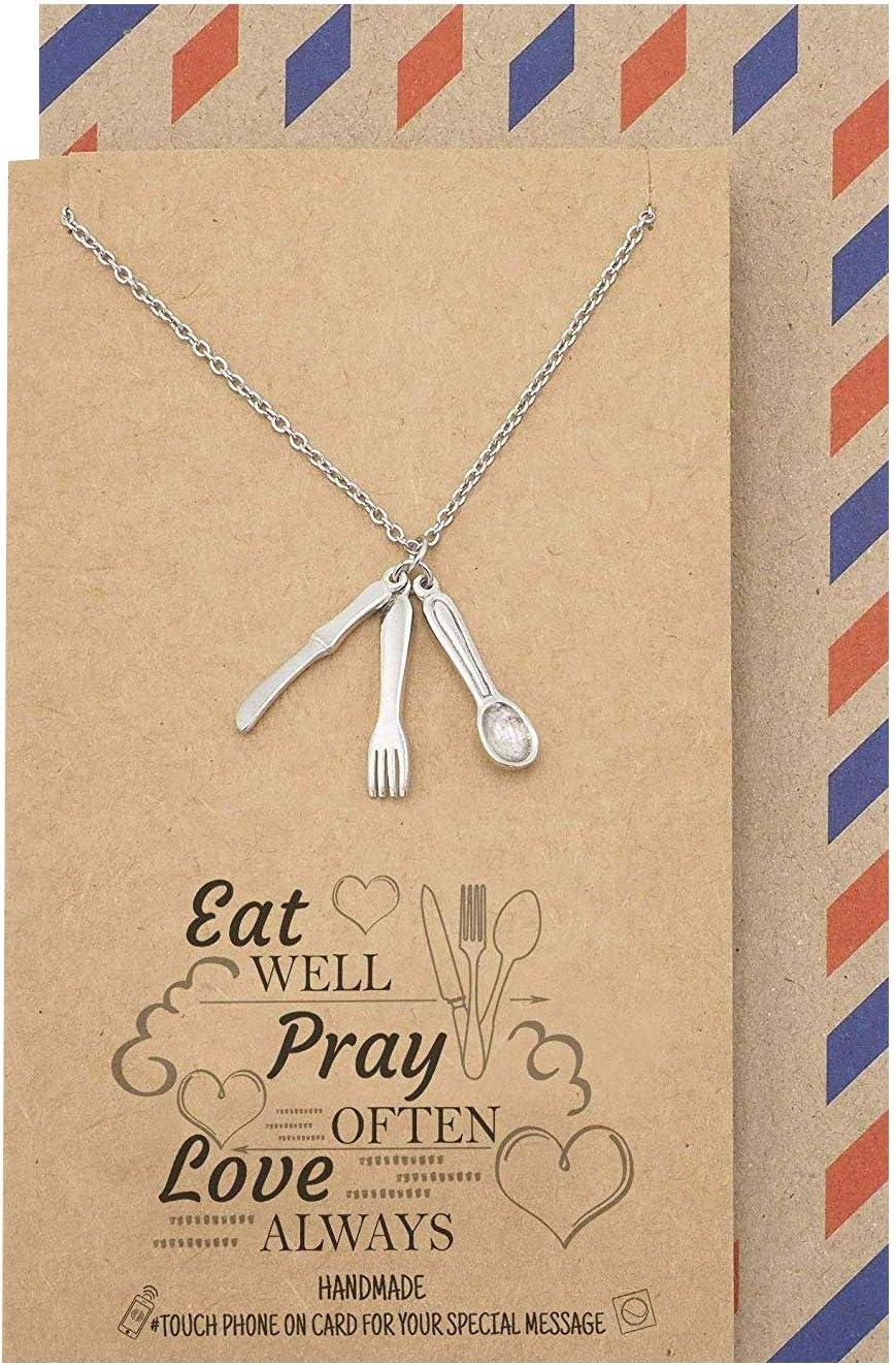 quan jewelry Handmade Spoon Fork Knife Pendant Necklace for Women, Foodie Best Friend Birthday Mothers Day Gifts, Kitchen Cutlery Charm, Gifts for Men and Women with Inspirational Greeting Card
